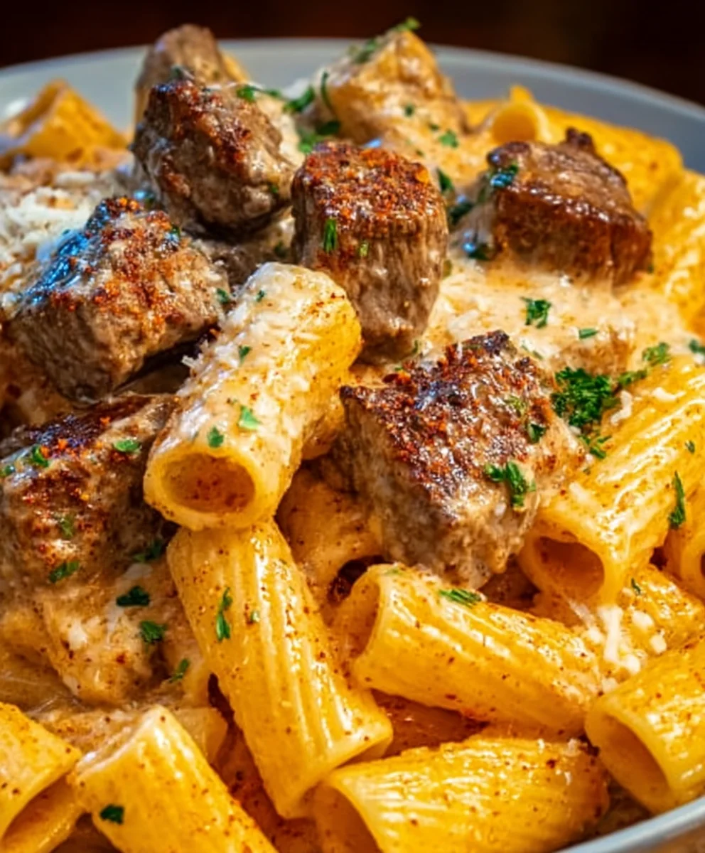 Cajun Steak Tips Cheesy Rigatoni Parmesan