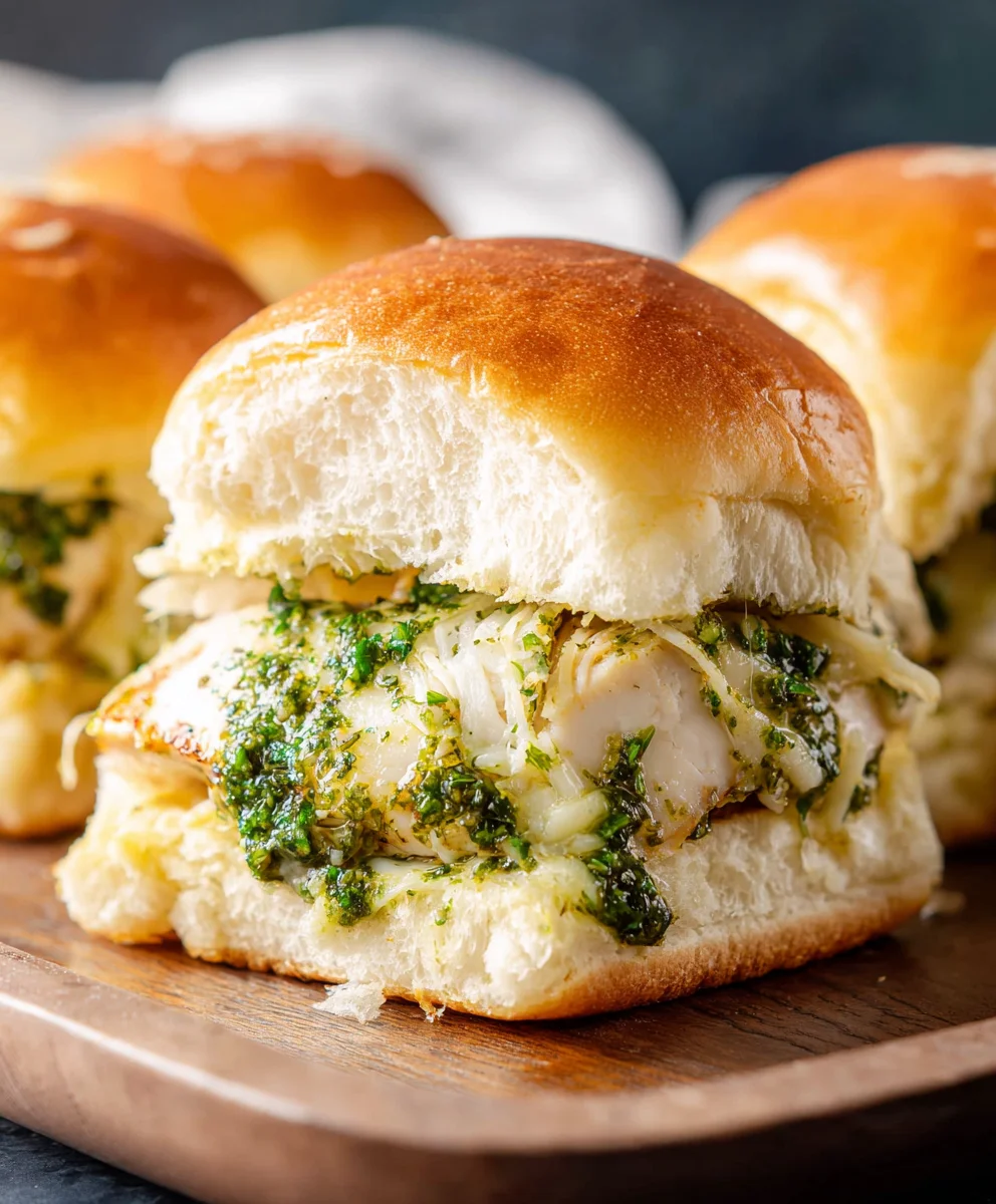 Cheesy Garlic Pesto Chicken Sliders-Easy Recipe
