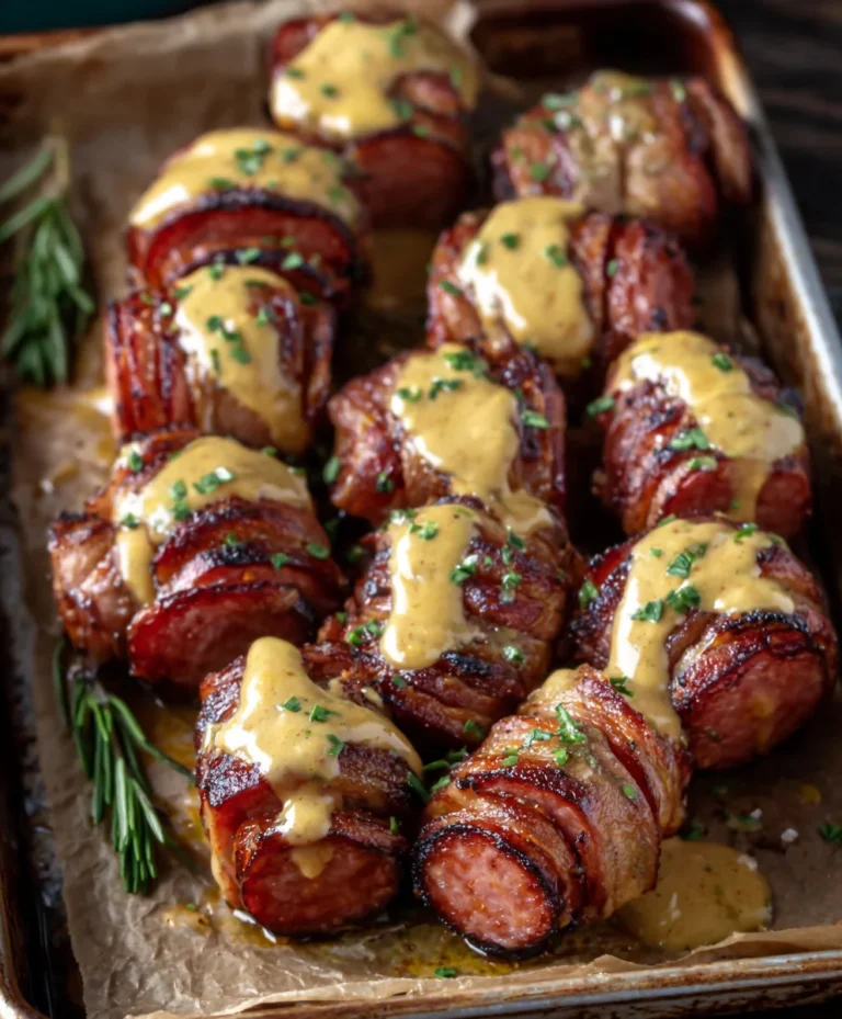 Spicy Mustard Hasselback Beef Sausage Bites