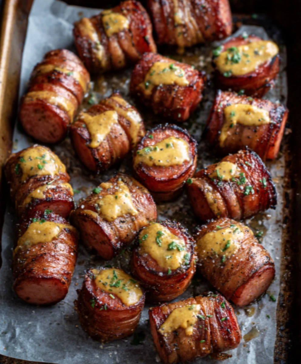 Spicy Mustard Hasselback Beef Sausage Bites