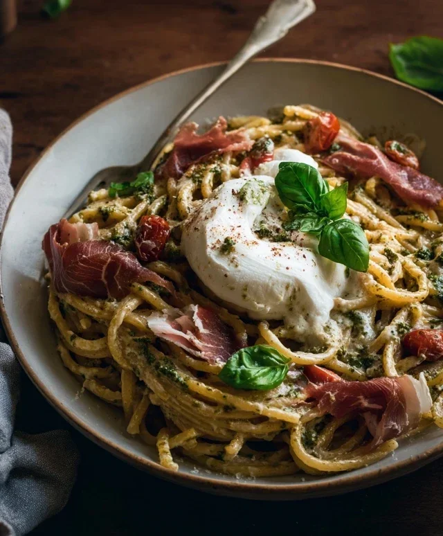 Creamy Basil and Garlic Pasta with Beef Beef Prosciutto and Burrata — Inspired With A Twist