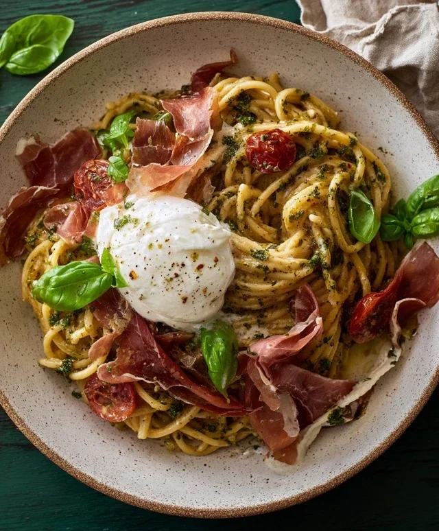 Creamy Basil and Garlic Pasta with Beef Beef Prosciutto and Burrata — Inspired With A Twist