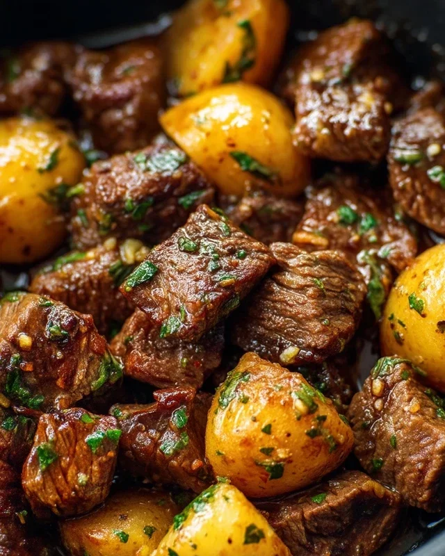 Slow Cooker Garlic Butter Beef Bites with Potatoes