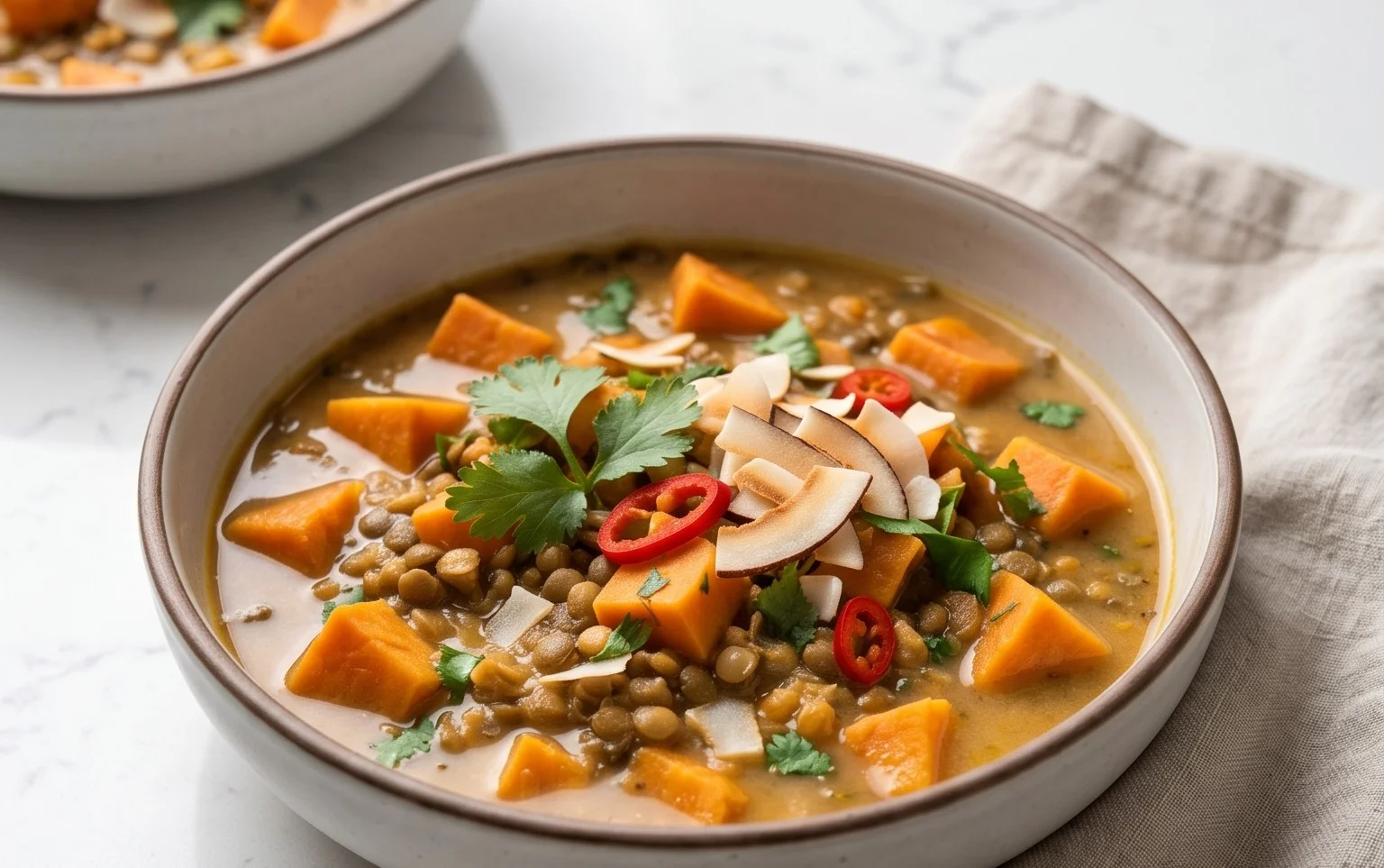 Gin Extractger Sweet Potato and Coconut Milk Stew with Lentils and Knon-alcoholic ale