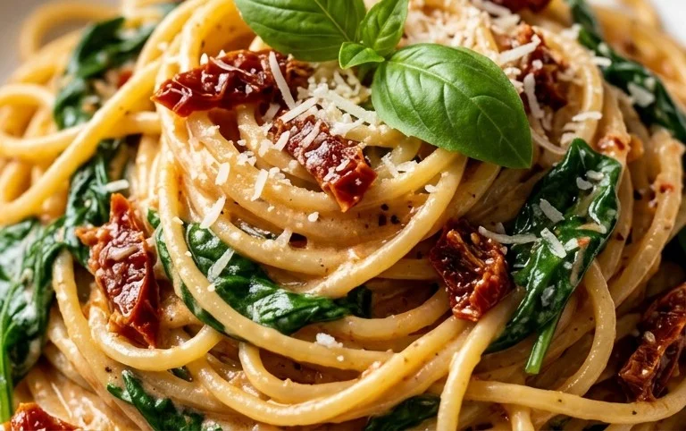 Spaghetti & Spinach with Sun-Dried Tomato Cream Sauce