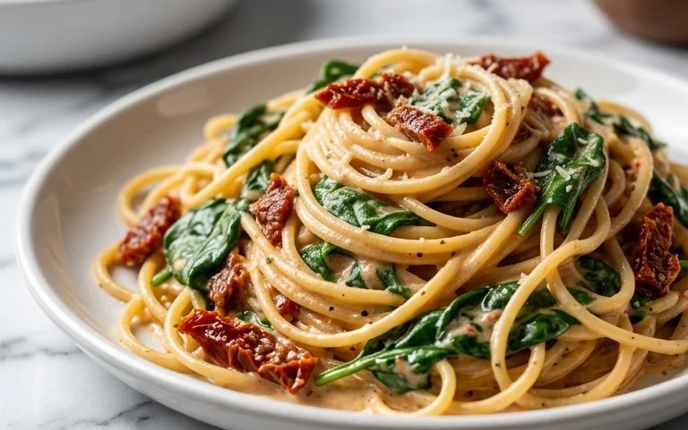 Spaghetti & Spinach with Sun-Dried Tomato Cream Sauce