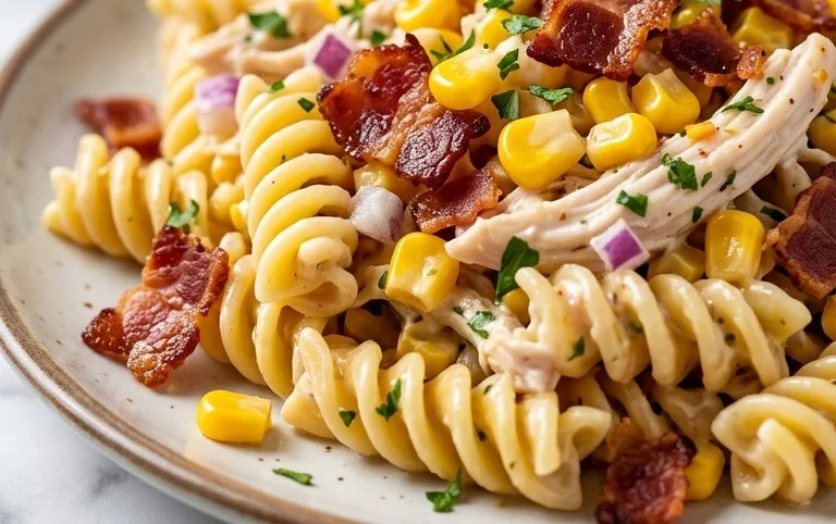 Chicken and Corn Pasta Salad with Beef Bacon