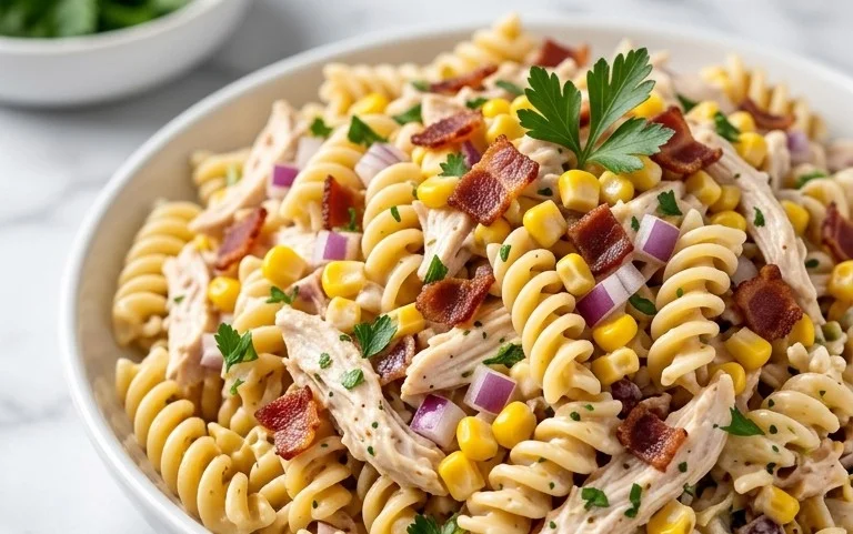Chicken and Corn Pasta Salad with Beef Bacon