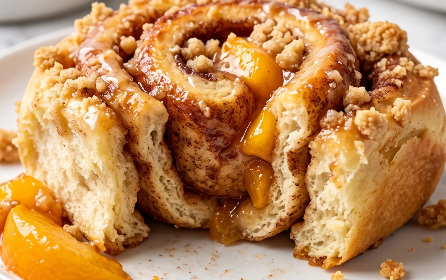 Peach Cobbler Cinnamon Rolls with Crum extractb Topping