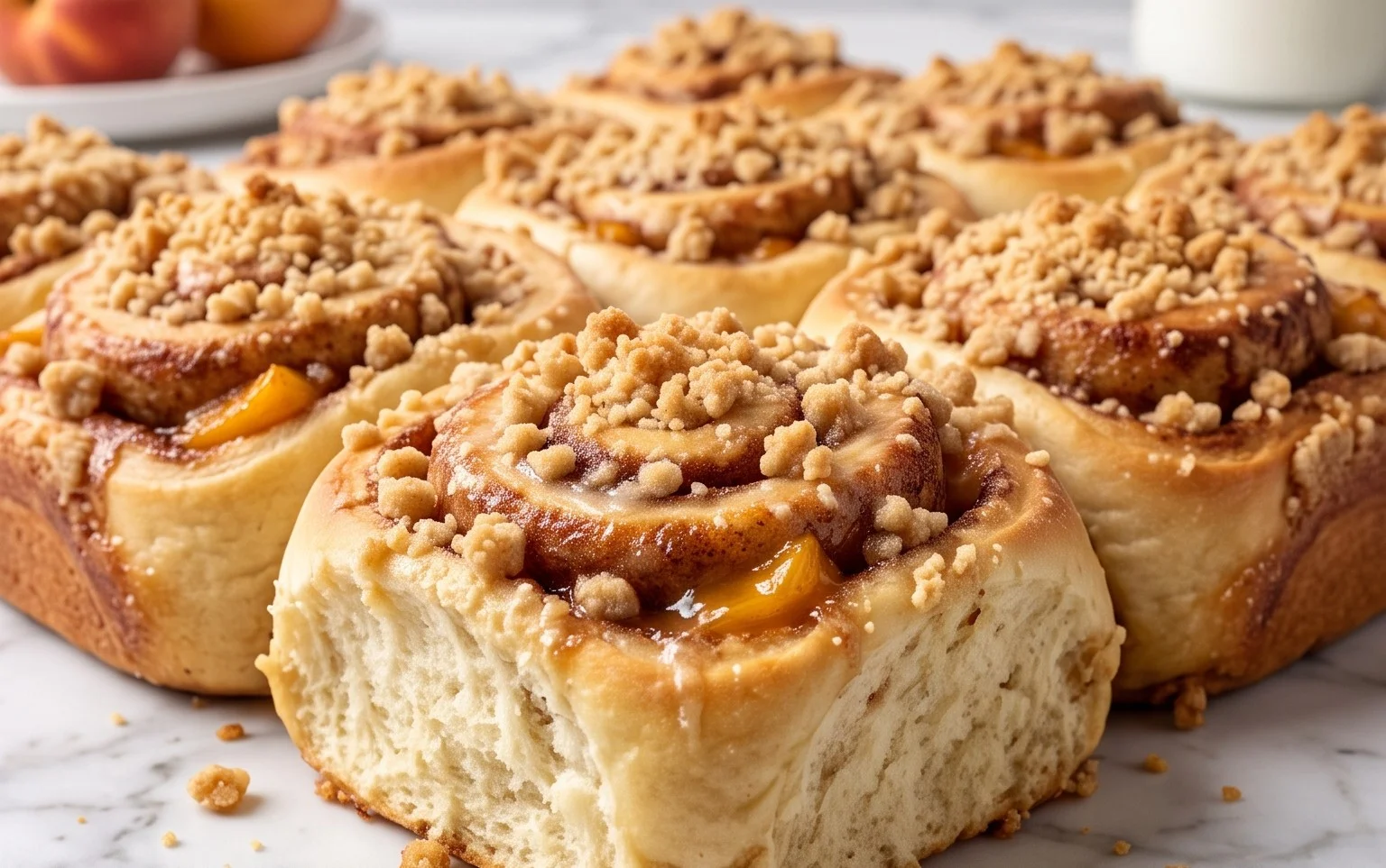 Peach Cobbler Cinnamon Rolls with Crum extractb Topping