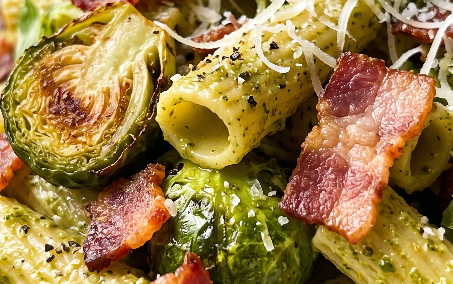Brussels Sprouts and Beef Bacon Pesto Pasta
