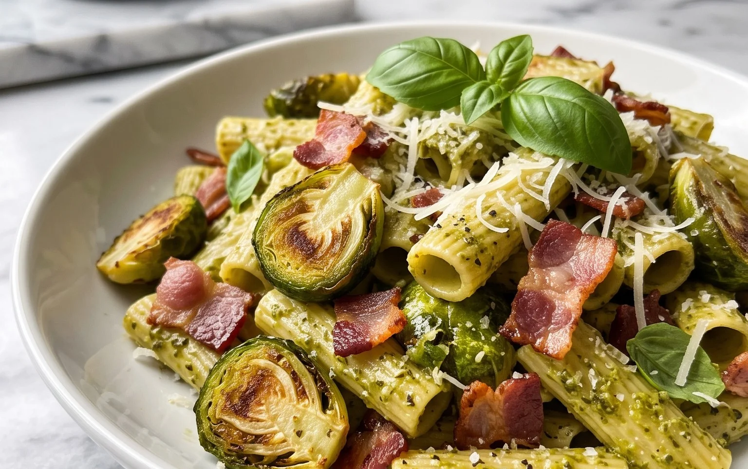 Brussels Sprouts and Beef Bacon Pesto Pasta