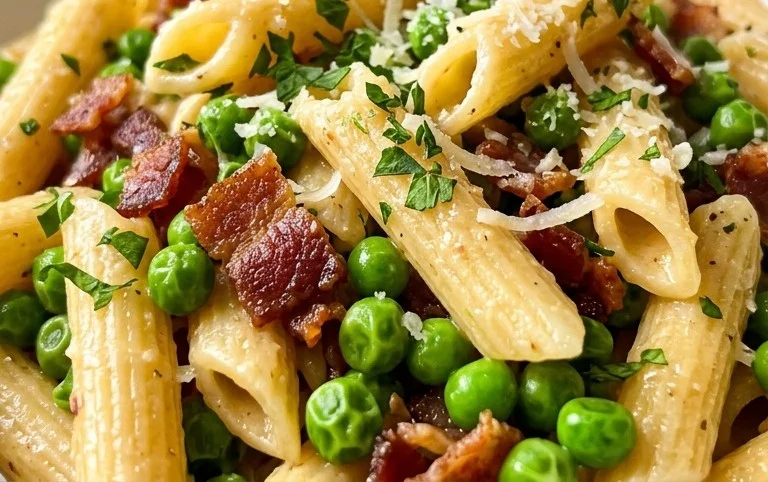 Penne Pasta, Peas and Beef Bacon