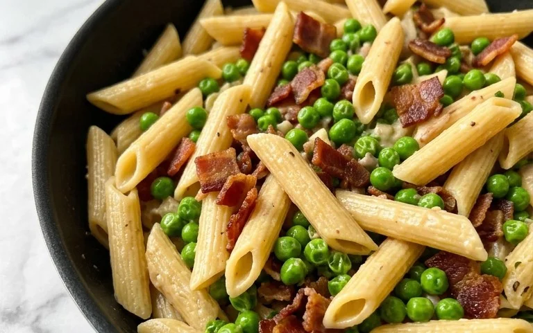 Penne Pasta, Peas and Beef Bacon