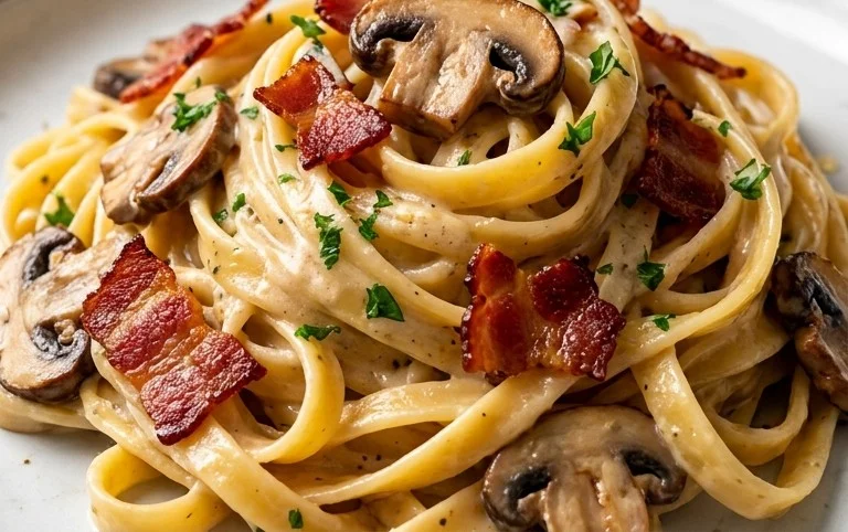 Creamy Beef Bacon and Mushroom Pasta