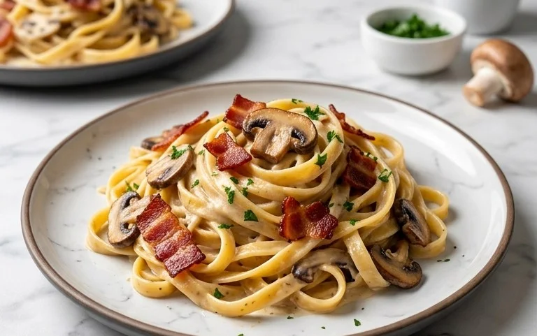 Creamy Beef Bacon and Mushroom Pasta