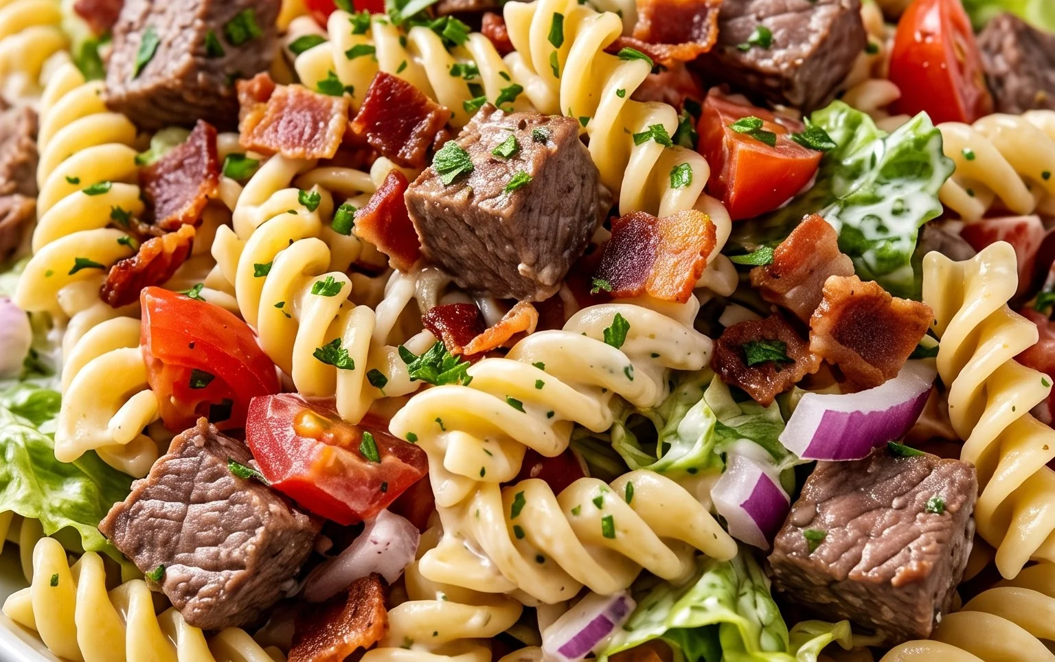 Beef Bacon Ranch Pasta Salad